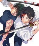  1boy 1girl absurdres black_hair blood blood_on_face burn_scar fu1gur green_hair grey_eyes highres holding holding_sword holding_weapon jujutsu_kaisen katana okkotsu_yuuta scar short_hair simple_background sword weapon white_background yellow_eyes zen&#039;in_maki 