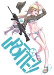  1girl absurdres adapted_costume assault_rifle bikini blonde_hair blue_bikini blue_eyes boonie_hat camouflage camouflage_headwear camouflage_jacket clothing_cutout gun hair_ornament hat highres jacket low_twintails m4_carbine m4a1_(upotte!!) navel one_eye_closed puto_trash rifle sandals side-tie_bikini_bottom smile swimsuit twintails upotte!! weapon 