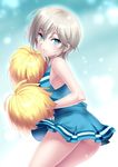  alternate_costume anastasia_(idolmaster) ass bare_shoulders blue_eyes blush cheerleader earrings grin highres idolmaster idolmaster_cinderella_girls jewelry lips looking_at_viewer parted_lips pom_poms short_hair silver_hair skirt smile solo zen 