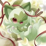  animal_ears animal_focus cat_ears cinnamon_stick commentary_request fangs flower green_fur hand_up highres leaf no_humans one_eye_closed open_mouth pawpads petals pokemon pokemon_(creature) pokemon_sv red_eyes red_ribbon ribbon sasabunecafe smile sprigatito tail 