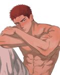  1boy 79 abs black_eyes blush body_blush crossed_arms head_rest highres looking_at_viewer male_focus red_hair sakuragi_hanamichi short_hair simple_background slam_dunk_(series) solo topless_male upper_body white_background 