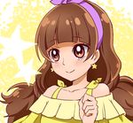  absurdres alternate_eye_color amanogawa_kirara bad_id bad_pixiv_id bare_shoulders blush brown_eyes brown_hair clenched_hand closed_mouth collarbone earrings eyelashes go!_princess_precure hairband highres jewelry long_hair precure purple_hairband ribbon sharumon smile solo star star_earrings starry_background twintails upper_body yellow_background 