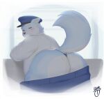 2024 anthro big_butt blue_body blush bottomwear bottomwear_down butt canid canine canis clothed clothing domestic_dog hat headgear headwear hi_res kemono lick1832 male mammal overweight overweight_male pants pants_down partially_clothed shirt solo topwear white_body