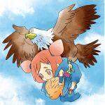  1girl ana_(warioware) animal bird bird_wings blue_scarf blue_sky brown_eyes double_bun eagle flying hair_bun holding holding_animal official_art orange_hair purple_footwear scarf sky takeuchi_kou third-party_source warioware warioware:_get_it_together! wings 