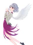  1girl absurdres angel_wings commentary_request dress feathered_wings grey_hair highres jacket kishin_sagume long_sleeves looking_at_viewer norichiizu open_clothes open_jacket purple_dress red_eyes short_hair simple_background single_wing solo steepled_fingers touhou white_background white_wings wings 