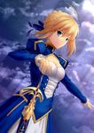  ahoge artoria_pendragon_(all) blonde_hair caliburn dress fate/stay_night fate_(series) green_eyes hair_ribbon kai_(link2262) planted_sword planted_weapon ribbon saber sheath sheathed solo sword weapon 