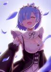  1girl blue_hair blurry breasts cleavage cleavage_cutout closed_eyes clothing_cutout depth_of_field detached_sleeves hair_ornament hair_over_one_eye highres large_breasts maid maid_headdress open_mouth petals re:zero_kara_hajimeru_isekai_seikatsu rem_(re:zero) smile solo syun_(syun1202) tears underbust upper_body x_hair_ornament 