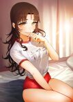  1girl between_legs black_hair breasts buruma character_name closed_mouth commentary curtains fate/extra fate/extra_ccc fate/grand_order fate_(series) feet_out_of_frame forehead_tattoo gym_shirt gym_uniform hand_between_legs hand_up indoors light_blush lips long_hair looking_at_viewer medium_breasts name_tag on_bed parted_bangs red_buruma sessyoin_kiara shirt short_sleeves sitting smile solo sungwon third-party_source white_shirt yellow_eyes 
