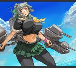  bangs black_legwear blue_sky bouncing_breasts bow breasts cloud crop_top day green_skirt grey_hair groin hair_bow kantai_collection large_breasts letterboxed machinery navel open_mouth pantyhose pleated_skirt ponytail sachito school_uniform serafuku short_hair short_sleeves skirt sky solo turret water yuubari_(kantai_collection) 