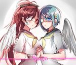  bandaged_arm bandages blue_eyes blue_hair blush bow english eyepatch feathered_wings hair_bow hair_ornament hairclip holding_hands long_hair looking_at_viewer mahou_shoujo_madoka_magica miki_sayaka mizukikushou multiple_girls ponytail red_eyes red_hair sakura_kyouko school_uniform serafuku short_hair sketch very_long_hair wings yuri 