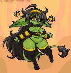arthropod bee black_hair breasts clothing female goblin hair humanoid humanoid_pointy_ears hymenopteran insect not_furry panties short_stack simple_background snaggle_tooth solo spiral_eyes twistingtoxic under_boob underwear