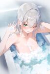 1girl absurdres arm_behind_head bathing bathroom bathtub breasts bubble commentary_request completely_nude crossed_bangs from_above green_eyes grey_hair hair_between_eyes hair_intakes highres hololive large_breasts long_hair looking_at_viewer matttttya1 nude one_eye_closed parted_lips partially_submerged shirogane_noel sitting smile soap_bubbles solo virtual_youtuber water wet 