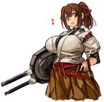  blush breasts brown_eyes brown_hair eighth_note hair_ribbon impossible_clothes ise_(kantai_collection) japanese_clothes kantai_collection katana large_breasts long_hair musical_note ponytail red_ribbon ribbon sachito solo sword turret weapon 