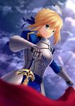  ahoge armor armored_dress artoria_pendragon_(all) blonde_hair caliburn cloth dress fate/stay_night fate_(series) gauntlets green_eyes hair_ribbon kai_(link2262) planted_sword planted_weapon ribbon saber sheath sheathed solo sword weapon 