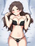  1girl absurdres bed_sheet black_bra black_panties blush bra breasts brown_eyes brown_hair cleavage closed_mouth collarbone commentary_request haruki_(haruki678) highres idolmaster idolmaster_million_live! kitazawa_shiho long_hair looking_at_viewer lying navel on_back panties pillow solo stomach underwear underwear_only 