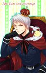  axis_powers_hetalia bird black_gloves cape chair crown flower german gloves prussia_(hetalia) red_eyes silver_hair smile sousui_hani 