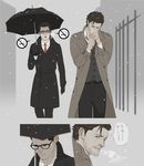  brown_hair cigarette facial_hair flat_color gb_(doubleleaf) glasses joseph_oda multiple_boys sebastian_castellanos snowing stubble the_evil_within translation_request trench_coat umbrella 