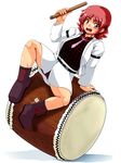  akatuki_(yamina) drum drumsticks horikawa_raiko instrument jacket necktie open_mouth plaid plaid_shirt purple_neckwear red_eyes red_hair shirt short_hair skirt solo touhou 