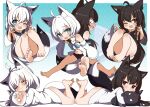  2girls absurdres aged_down ahoge animal_ear_fluff animal_ears back-to-back barefoot belt black_hair black_shirt black_shorts blue_eyes braid brown_eyes closed_eyes detached_sleeves double_fox_shadow_puppet dual_persona feet fox_ears fox_girl fox_shadow_puppet fox_tail highres hololive hug knees_up kurokami_fubuki legs legs_apart legs_up lying multiple_girls multiple_views navel no_pants on_stomach one_eye_closed open_mouth pout senbon_tsuki shadow_puppet shirakami_fubuki shirt short_hair short_shorts shorts sitting smile soles tail thighs toes virtual_youtuber white_hair white_shirt 