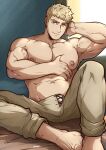  1boy abs absurdres bara blonde_hair brown_eyes brown_pants bulge closed_mouth dungeon_meshi highres kuroshinki laios_thorden large_pectorals looking_at_viewer male_focus muscular muscular_male navel nipples pants pectorals short_hair smile solo topless_male twitter_username 