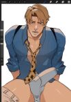  1boy art_program_in_frame blonde_hair boxer_briefs brown_eyes bulge cowboy_shot erection erection_under_clothes highres horror_himbos jujutsu_kaisen looking_at_viewer lower_teeth_only male_focus male_underwear muscular muscular_male nanami_kento necktie open_mouth precum shirt short_hair solo teeth underwear unfinished white_male_underwear yellow_necktie 