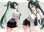  1girl black_hair blush breasts cloud_retainer_(genshin_impact) colored_inner_hair eyeliner genshin_impact glasses green_eyes green_hair hair_ornament hairpin high_ponytail highres large_breasts long_hair looking_at_viewer makeup multicolored_hair multiple_views red-framed_eyewear seiru_(prairie) swept_bangs thighs two-tone_hair xianyun_(genshin_impact) 