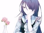  1girl ascot black_shirt blue_eyes blue_flower blue_rose brooch closed_mouth flower hair_between_eyes hair_ornament hairclip hand_on_own_cheek hand_on_own_face head_rest highres hoshino_ichika_(project_sekai) jewelry long_hair long_sleeves looking_to_the_side parted_bangs pink_flower project_sekai purple_hair ritzchrono rose sailor_collar shirt sidelocks simple_background smile solo straight_hair upper_body vase white_ascot white_background white_sailor_collar 