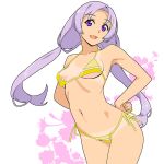  1girl bikini breasts fang florida_bikini hands_on_own_hips ino_(magloid) long_hair looking_at_viewer low_twintails medium_breasts micro_bikini navel open_mouth purple_eyes purple_hair side-tie_bikini_bottom skin_fang smile swimsuit tan tanlines twintails yellow_bikini 