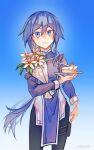  1girl a_yi absurdres artist_name blue_background blue_eyes blue_hair bouquet cake chinese_clothes closed_mouth flower food fruit fu_hua fu_hua_(valkyrie_accipiter) gradient_background grey_hair hair_between_eyes highres holding holding_plate honkai_(series) honkai_impact_3rd juliet_sleeves leaf long_hair long_sleeves looking_at_viewer low-tied_long_hair low_ponytail one-armed_hug plate ponytail puffy_sleeves solo strawberry white_flower 