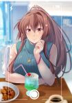  1girl aqua_shirt blurry blurry_background breasts brown_eyes brown_hair casual cellphone coffee_mug cup curry curry_rice day drink drinking_straw flower food hair_flower hair_ornament highres indoors kantai_collection large_breasts long_hair looking_at_another map_(blue_catty) mug phone picture_frame ponytail restaurant rice shirt short_sleeves sitting smartphone table turtleneck_shirt very_long_hair yamato_(kancolle) 