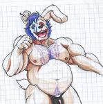 anthro barazoku belly biceps body_hair butt chest_hair clothing clown_springtrap_(fnaf) fur hair heterochromia hi_res lagomorph leporid makeup male mammal musclebear muscular muscular_anthro muscular_male nipples pecs pinumontbalou pubes pubes_exposed purple_hair rabbit smile smiling_at_viewer solo tail tongue tongue_out underwear white_body white_fur