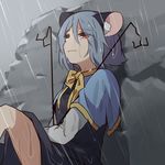 capelet crying crying_with_eyes_open damaged dowsing_rod dress kozakura_(dictionary) nazrin rain red_eyes sad silver_hair sitting tears thighs torn_clothes touhou wet 