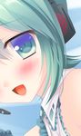  blush green_eyes green_hair hatsune_miku headset looking_at_viewer nanami_ayane open_mouth solo vocaloid 