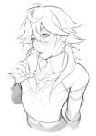  2boys androgynous crop_top ezreal fellatio greyscale heart heartsteel_ezreal highres league_of_legends licking licking_penis long_hair midriff monochrome moshyuu multiple_boys oral penis round_eyewear tongue yaoi 