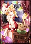 :o animal_ears ankle_socks blonde_hair border bow cat_ears cat_tail chair choker curtains fang fingernails flandre_scarlet hands_together hat hat_ribbon head_tilt iron_bars kemonomimi_mode knee_up looking_at_viewer mary_janes mob_cap nail_polish on_bed pillow puffy_short_sleeves puffy_sleeves red_eyes ribbon shoes short_hair short_sleeves sitting solo stuffed_animal stuffed_toy tail teddy_bear touhou tsumurikoto v_arms window wings wrist_cuffs 