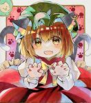  1girl :d animal_ear_fluff animal_ear_piercing animal_ears bow bowtie brown_eyes brown_hair cat_ears cat_tail chen claw_pose commentary_request dress earrings fang green_headwear hair_between_eyes hands_up hat highres jewelry looking_at_viewer mob_cap multiple_tails nail_polish nekomata open_mouth paw_print paw_print_background red_dress red_nails short_hair single_earring skin_fang smile solo tail torajirou_(toraneko_zirou) touhou traditional_media two_tails v-shaped_eyebrows yellow_bow yellow_bowtie 