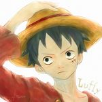  1boy black_hair character_name hand_on_hat hand_on_head hand_on_headwear hat long_sleeves male male_focus monkey_d_luffy one_piece open_shirt red_shirt scar shirt simple_background solo straw_hat white_background 
