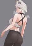  1girl arknights ass bare_arms bare_shoulders black_pants breasts commentary english_commentary from_behind grey_background grey_eyes grey_hair hair_between_eyes kal&#039;tsit_(arknights) medium_breasts nuggetkouhai pants profile short_hair simple_background solo sweat 