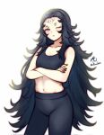  1girl black_hair black_pajamas black_sports_bra breasts crop_top facial_mark fire_emblem fire_emblem_fates highres long_hair looking_at_viewer navel nyx_(fire_emblem) one_eye_closed pajamas red_eyes rotomdocs small_breasts solo sports_bra sportswear 