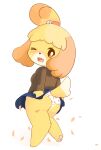 absurd_res angry animal_crossing anthro blush bodily_fluids bottomwear clothed clothing female hi_res isabelle_(animal_crossing) nintendo panties pawpads paws skirt solo sweat sweatdrop sweater topwear underwear upskirt wind x_kemo