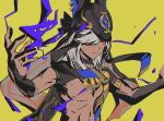  1boy animal_hood closed_mouth cyno_(genshin_impact) dark-skinned_male dark_skin genshin_impact hinoborukaku hood male_focus orange_eyes solo swept_bangs yellow_background 