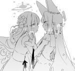  2girls after_kiss animal_ears backless_dress backless_outfit blue_archive blush breath detached_sleeves dress eye_contact facing_another fox_ears greyscale hair_bun halo holding_another&#039;s_arm long_hair looking_at_another mika_(blue_archive) monochrome multiple_girls saliva saliva_trail seia_(blue_archive) single_side_bun straight_hair sweat thought_bubble tongue tongue_out translation_request upper_body very_long_hair wings yun_(dust-i1) yuri 