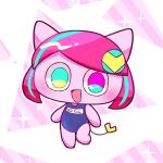  1girl alternate_costume aqua_eyes aqua_hair artist_name blue_one-piece_swimsuit chibi chibi_only colored_skin hairpods looking_at_viewer multicolored_hair no_eyebrows no_pupils one-piece_swimsuit open_mouth pepoyo pink_eyes pink_hair pink_skin poyoroid short_hair sleeveless smile standing standing_on_one_leg streaked_hair swept_bangs swimsuit utau yellow_tail 