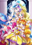  :d amanogawa_kirara aqua_eyes bare_shoulders blonde_hair blue_eyes blue_hair blush boots bow brown_hair choker cure_flora cure_mermaid cure_twinkle earrings flower flower_earrings frilled_skirt frills gloves go!_princess_precure gradient_hair hair_ornament hair_ribbon half_updo haruno_haruka highres hoshi_(xingspresent) jewelry kaidou_minami knee_boots long_hair looking_at_viewer magical_girl midriff multicolored_hair multiple_girls navel open_mouth orange_hair pearl pink_hair pink_skirt precure puffy_sleeves purple_eyes purple_hair quad_tails red_hair ribbon seashell_earrings skirt sky smile star star_(sky) star_earrings starry_sky streaked_hair teeth twintails two-tone_hair very_long_hair white_gloves 