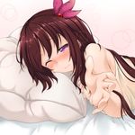  absurdres blanket blush brown_hair hair_ornament highres kantai_collection kisaragi_(kantai_collection) long_hair looking_at_viewer lying on_stomach one_eye_closed pillow purple_eyes reaching_out smile solo upper_body utahane 