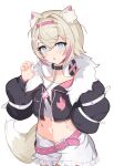  1girl absurdres animal_ears bandaid bandaid_hair_ornament belt black_collar black_jacket blonde_hair blue_eyes blush breasts collar cropped_jacket cropped_shirt dog_ears dog_girl dog_tail frilled_shorts frills fur-trimmed_jacket fur_trim hair_ornament headphones headphones_around_neck highres hololive hololive_english jacket looking_at_viewer medium_hair mococo_abyssgard mococo_abyssgard_(1st_costume) multicolored_hair navel open_mouth pink_belt pink_hair sasaki_ikuya shirt short_shorts shorts small_breasts spiked_collar spikes streaked_hair tail virtual_youtuber white_background white_shirt white_shorts x_hair_ornament 