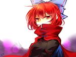  bow cape covered_mouth hair_bow kutsuki_kai looking_at_viewer red_eyes red_hair sekibanki serious short_hair solo touhou tunic upper_body 
