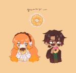  1boy 1girl bow brown_eyes brown_hair brown_hairband brown_jacket doughnut eating food french_cruller green_eyes green_sweater hair_bow hairband heathcliff_(project_moon) ishmael_(project_moon) jacket limbus_company long_hair long_sleeves orange_hair project_moon puffy_long_sleeves puffy_sleeves rope sasakicomics sidelocks sunglasses sweater upper_body very_long_hair white_bow white_jacket wing_collar 