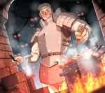  1boy abs armor bara blonde_hair cooking cooking_pot cowboy_shot dungeon_meshi eyes_in_shadow fire highres jackray85674939 laios_thorden male_focus navel nipples plate_armor short_hair solo standing stomach thick_eyebrows thick_thighs thighs 