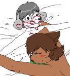 age_difference bed blush blush_stickers brown_body brown_fur brown_hair canid canine canis domestic_cat domestic_dog felid feline felis female female_anthro fur furniture grey_body grey_fur hair kiss_mark_on_cheek kiss_mark_on_chest kiss_mark_on_ear kiss_mark_on_face kiss_mark_on_neck kiss_mark_on_nose kiss_on_lips lipstick looking_pleasured lying lying_on_bed lying_on_partner makeup male male/female male_anthro mammal mature_female older_female on_bed red_lipstick size_difference sleeping_together smaller_male unawarey white_body white_fur younger_male